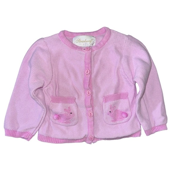 Strasburg Embroidered Bunny Pockets Cotton Knit Pink Sweater Cardigan Sz 6-12M - Picture 1 of 6